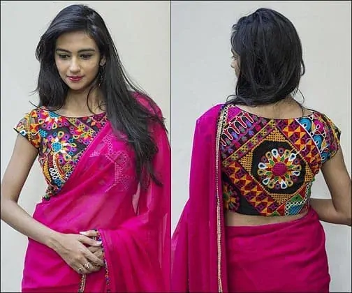 colourful blouse with a simple plain saree